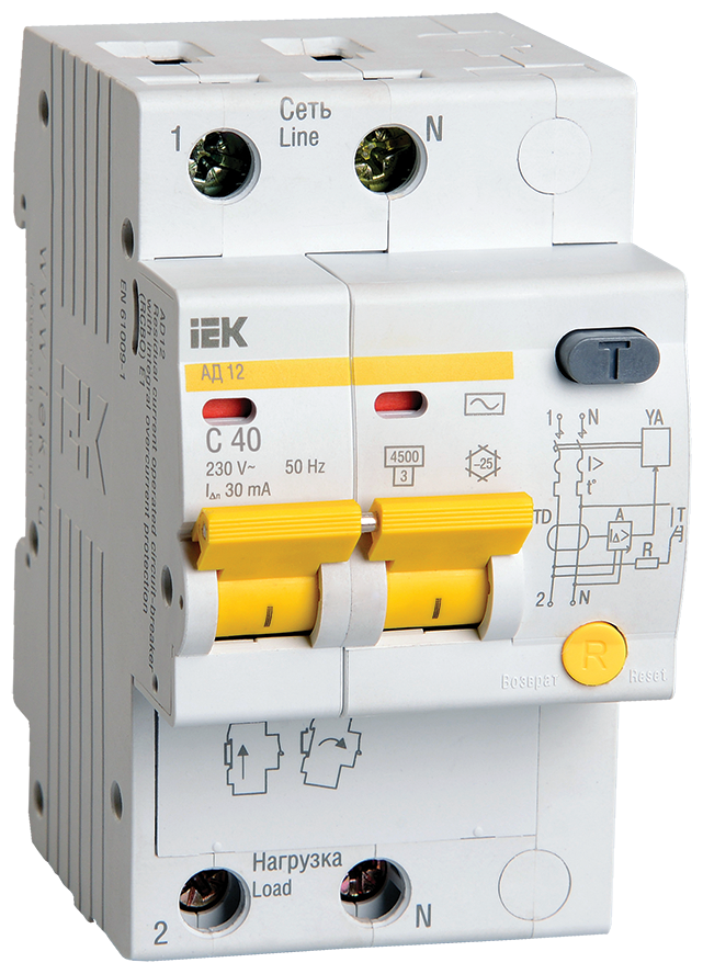 Выключатель автоматический дифференциального тока 2п C 40А 30мА тип AC 4.5кА АД-12 IEK MAD10-2-040-C-030 (1 шт.)