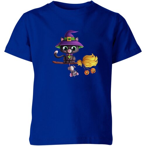Детская футболка «Кошка ведьма на метле» (164, синий)