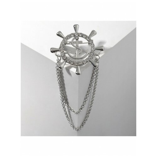 фото Брошь эффектная эксклюзив топ штурвал якорь с цепочкой цвет белый в серебре queen fair-tm