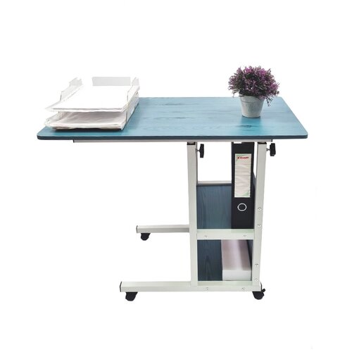 Прикроватный стол для ноутбука или планшета, на колесиках, с регулировкой высоты, с двумя полками сбоку, 40х80х(64-76), синий