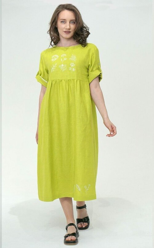 Платье лен, повседневное, свободный силуэт, миди, карманы, размер 48, зеленый