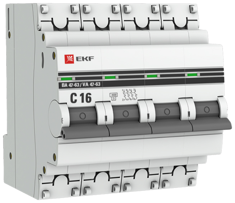 Автоматический выключатель EKF 4п C 16А 4.5кА ВА 47-63 PROxima, mcb4763-4-16C-pro