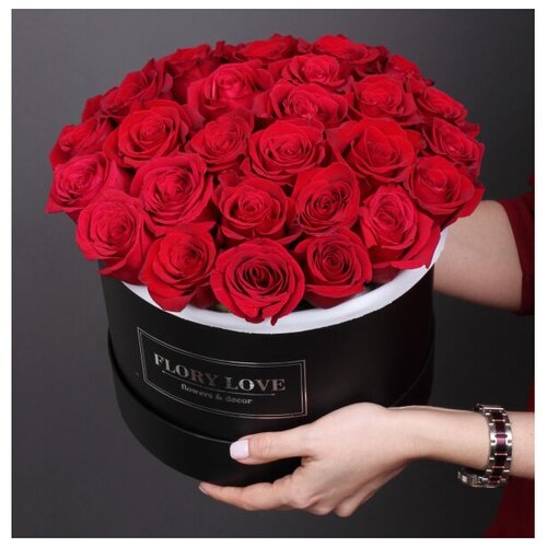 31 красная роза Фридом в шляпной коробке. Эквадор
