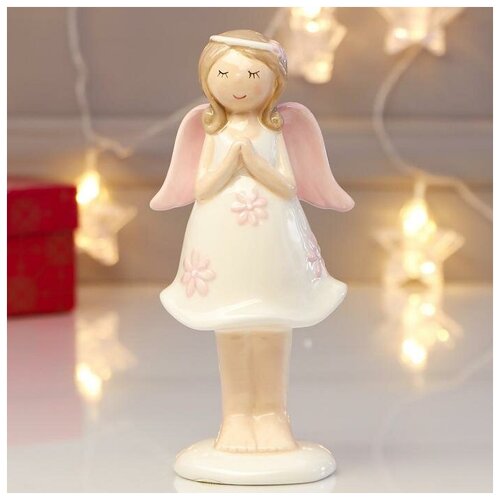 фото Сувенир керамика "девочка-ангел в белом платье с розовыми цветами - молитва" 17х6,5х8 см mikimarket