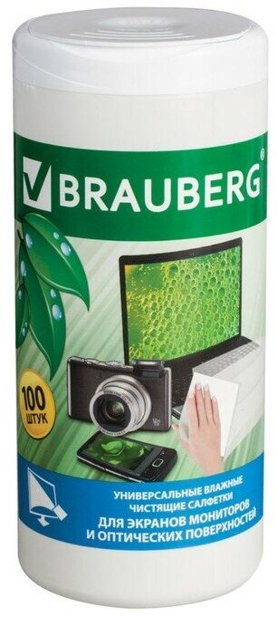 Brauberg Чистящие салфетки BRAUBERG для мониторов и оптических поверхностей, влажные, в тубе 100 штук