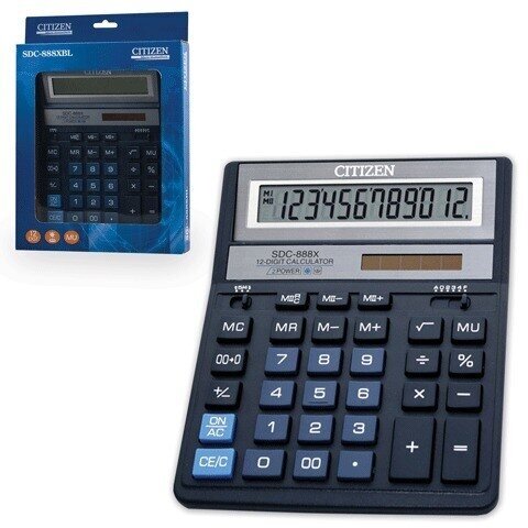 Калькулятор Citizen настольный, 12 разрядов, двойное питание, 205х159 мм, синий (SDC-888XBL)