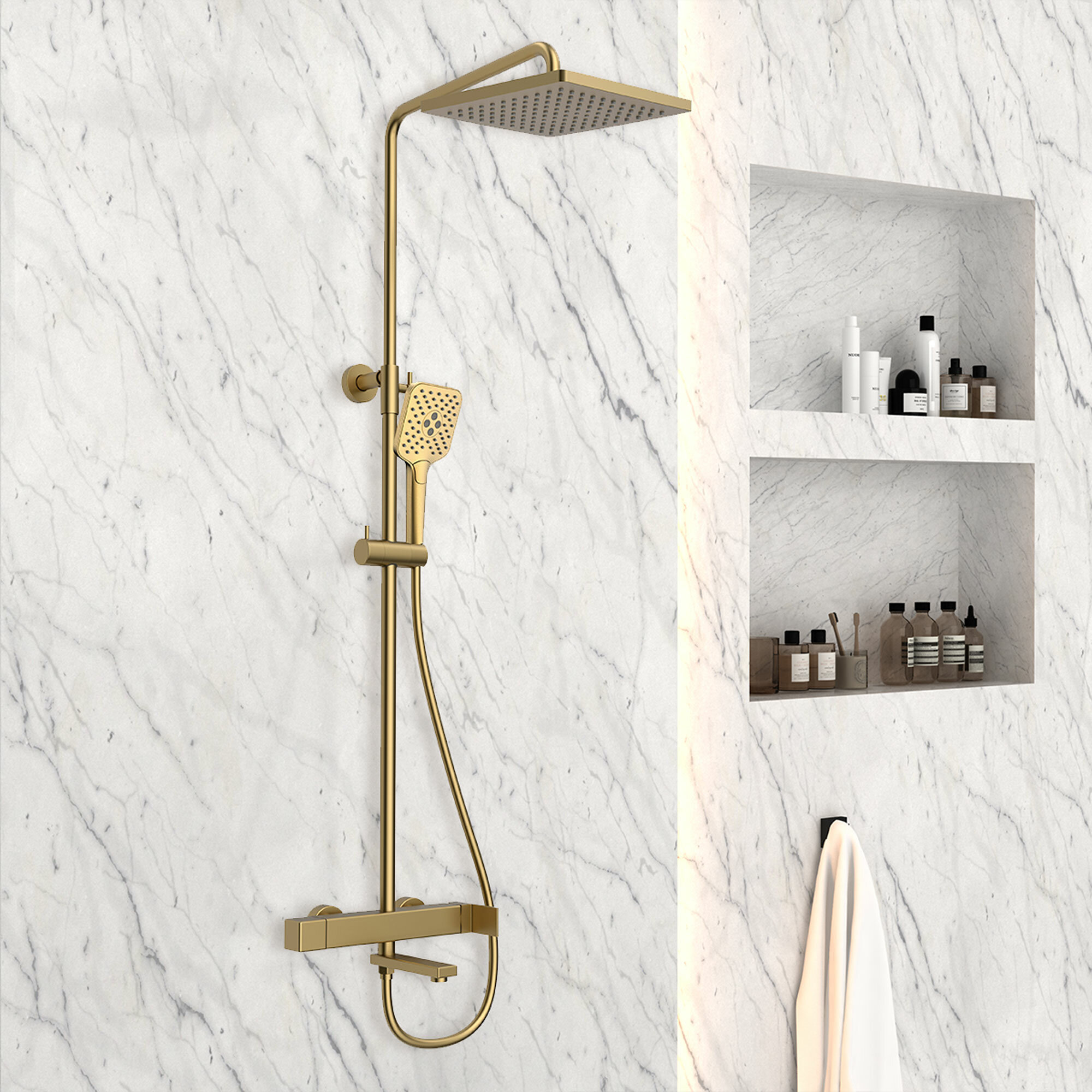 фото Душевая стойка Vincea Cube VSFS-1C1BG с термостатом и изливом, брашированное золото