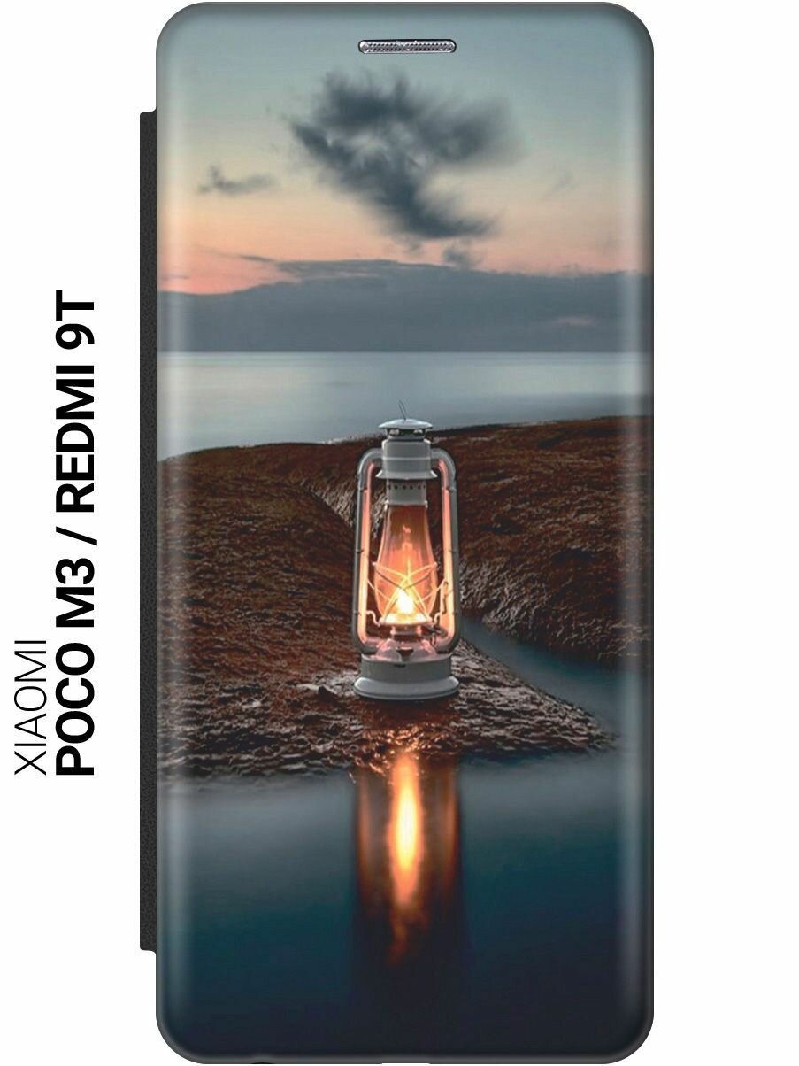 Чехол-книжка на Xiaomi Redmi 9T, Poco M3, Сяоми Поко М3, Сяоми Редми 9Т c принтом "Фонарь на берегу" черный