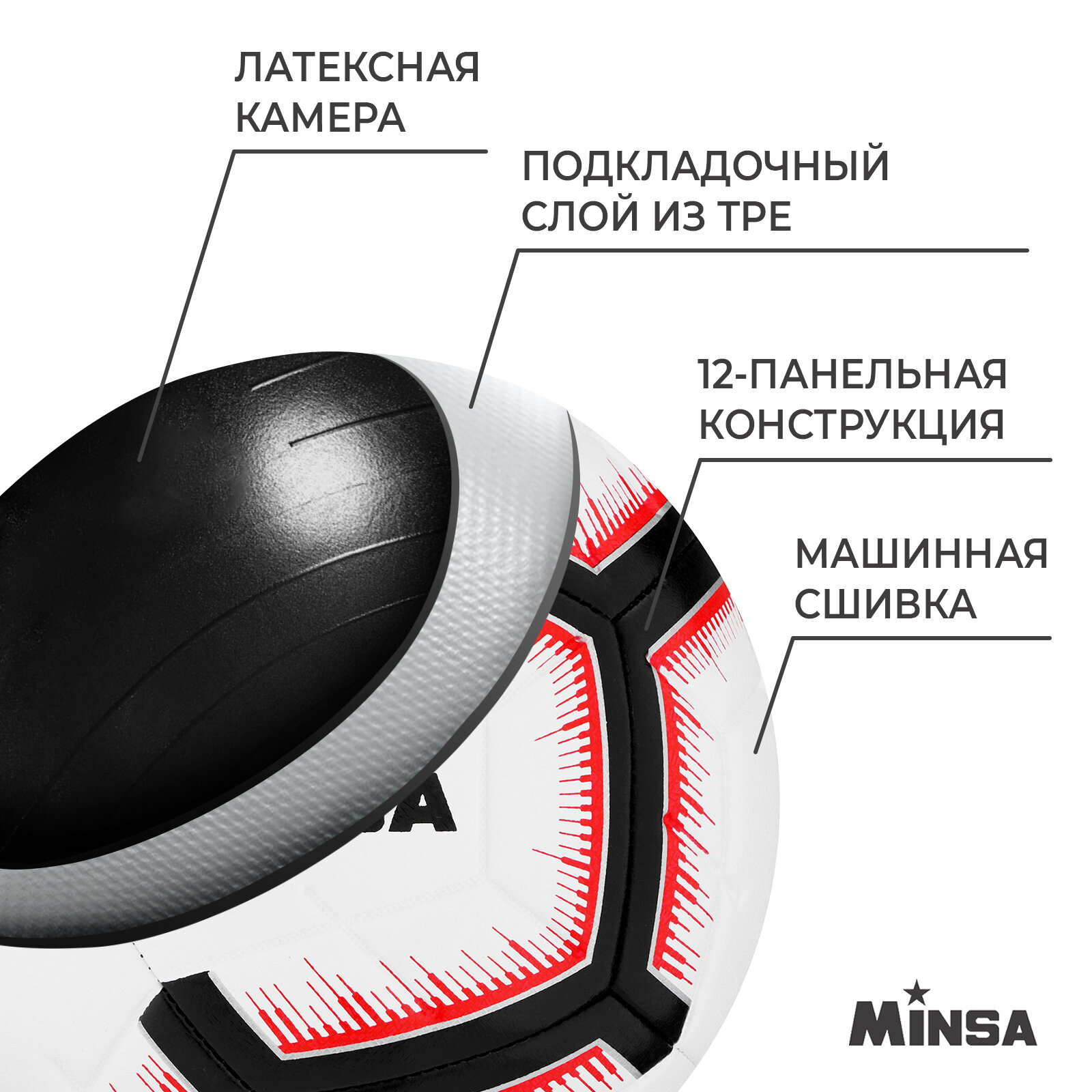 Мяч футбольный Minsa, 5 размер, TPE, вес 400 гр, 12 панелей, маш. сшивка, камера латекс