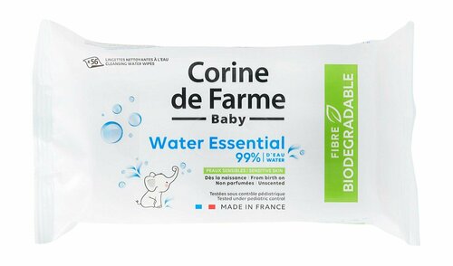 Влажные непарфюмированные салфетки для детей Corine de Farme Cleansing Water Wipes Water Essential