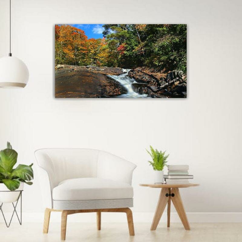 Картина на холсте 60x110 LinxOne "Деревья лес поток скалы" интерьерная для дома / на стену / на кухню / с подрамником