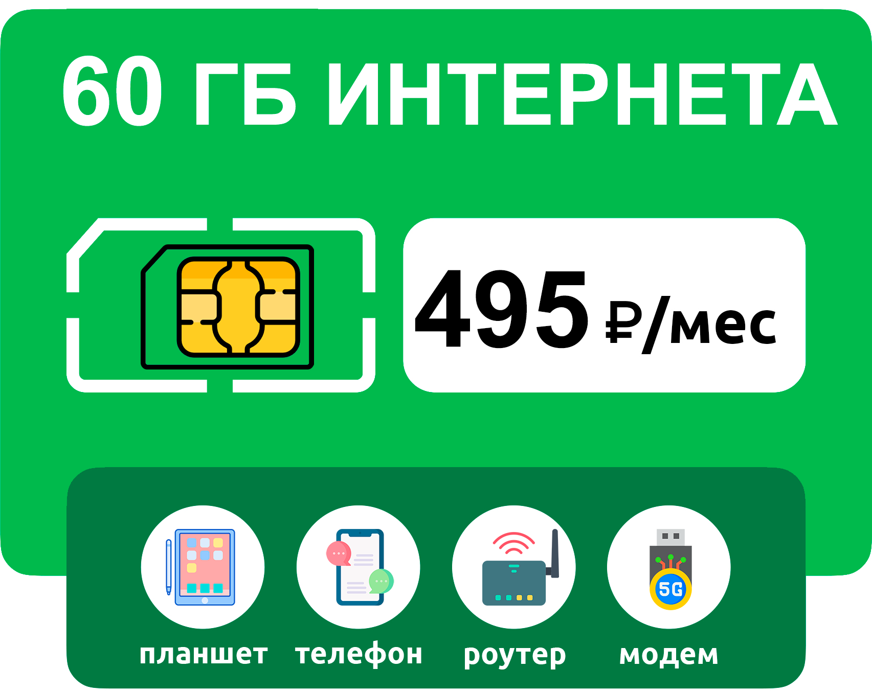 SIM-карта 60 гб интернета 3G/4G за 495 руб/мес (модемы роутеры планшеты) + раздача торренты (вся Россия)