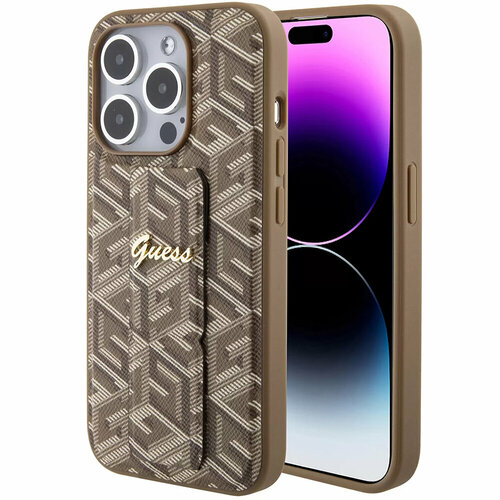 Чехол CG Mobile Guess Grip Stand PU G CUBE Metal Logo для iPhone 15 Pro коричневый