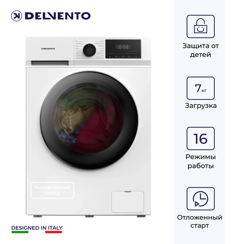 Стиральная машина DELVENTO VWC703 Белый Загрузка белья 7 кг 1200 об мин 16 программ Материал бака пластик Инверторный двигатель Защита от детей Класс энергопотребления А Отложенный старт 3 года гарантии 3399200₽