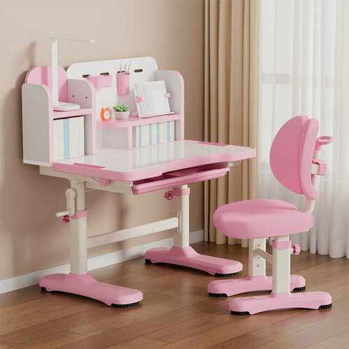 Изображение товара Растущий стол парта для школьника LOTT Barcelona R7 pink - комплект со стулом, секретером, подставкой для книг телефона