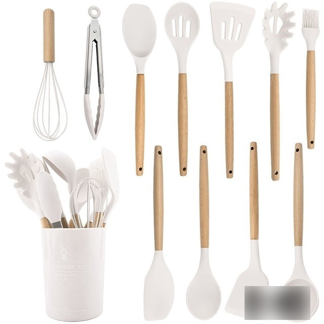 Набор кухонных принадлежностей из силикона и бамбука, 11 предметов "Kitchen set", Белый — фото 1