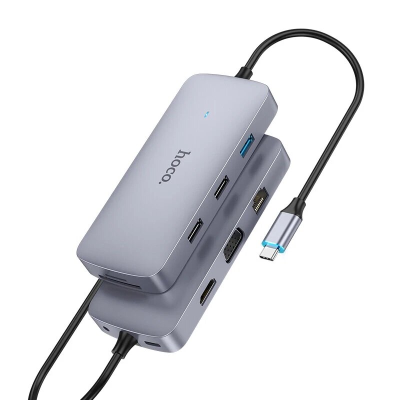 Адаптер HOCO HB32 8-in-1, Разветвитель Type-C to HDMI + RJ45 + USB2.0*2 + USB3.0 + SD + microSD + USB-C 100W, Хаб Серый — фото 1