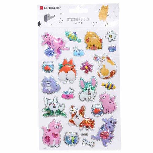 Набор наклеек 25х14 см 21 шт одноразовые ПВХ Котики и собачки Cat 299₽