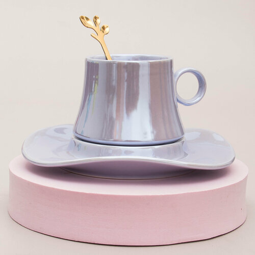 Кружка кофейная Smart (N 4) фиолетовая 180 мл Эврика, чашка с блюдцем и ложкой, чайная пара подарочная женская, мужская 14 февраля, 23 февраля, 8 марта