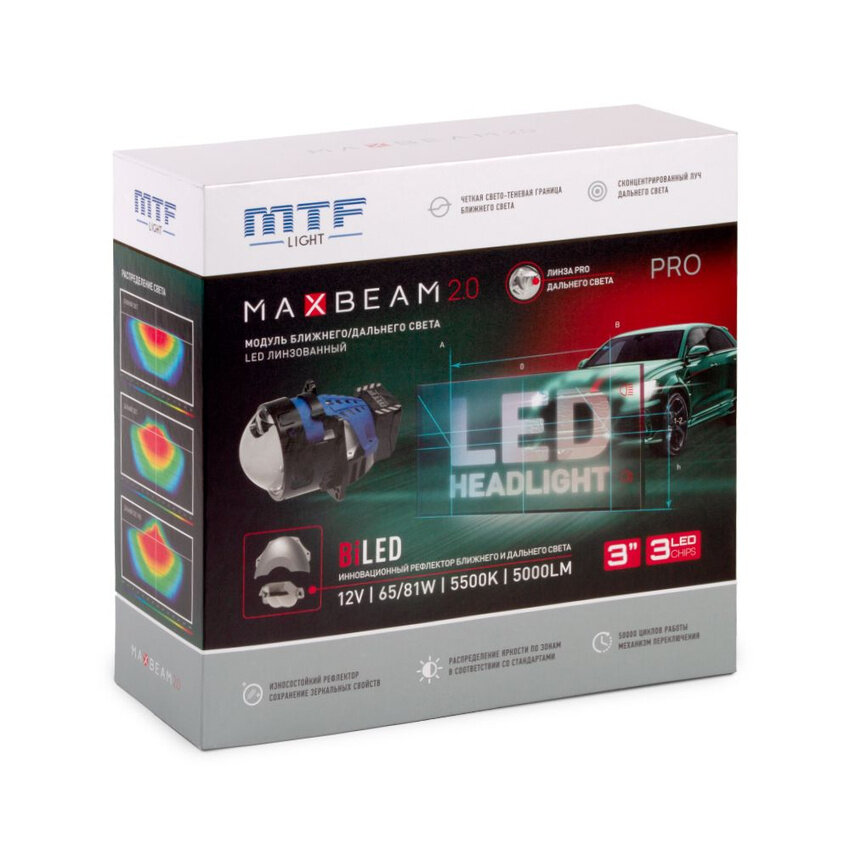 Светодиодные модули ближнего/дальнего света MTF light BI LED MaxBeam 2.0 PRO 3.0" 65/81W 5000Lm 5500K 12V (2 линзы)