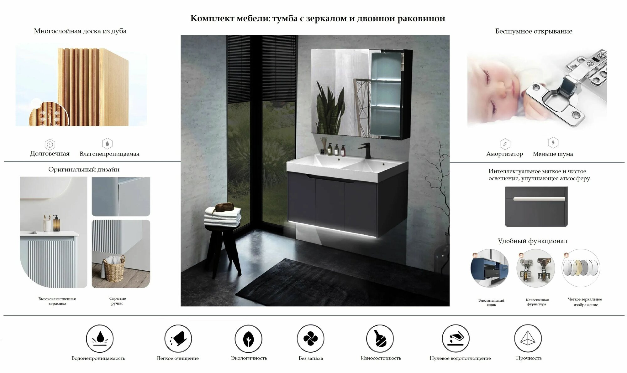 Мебель для ванной Ceruttispa подвесная, с зеркальным шкафом, с двойной раковиной, темно-серый - фото №4