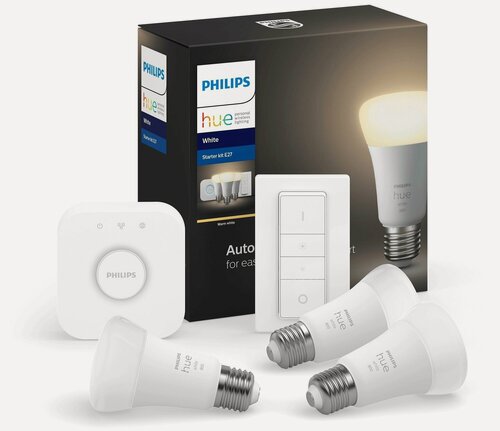 Изображение товара Умная лампа Philips Hue White Starter Kit A60 E27 9Вт 800Лм 3 set RUS, 3 белые лампы с диммером и мостом (929001821620)