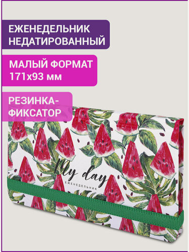 Изображение товара Еженедельник-планер (планинг) / записная книжка / блокнот недатированный с резинкой (171х93 мм), Brauberg, твердый, 64 листов, Watermelon, 114577
