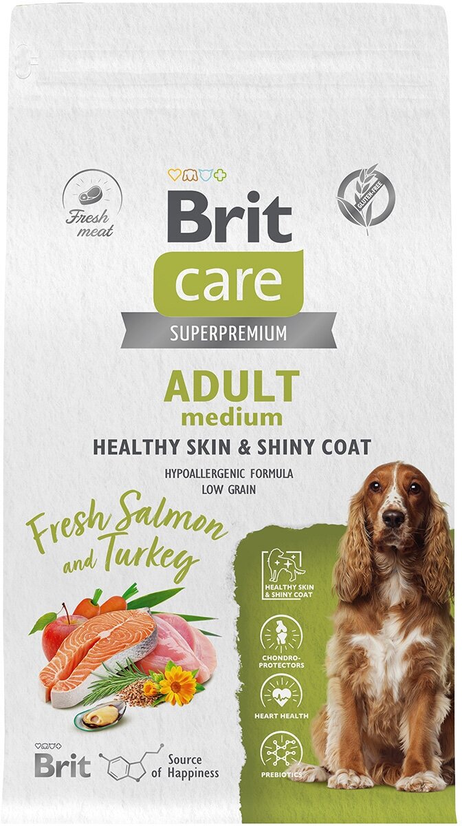 BRIT CARE DOG ADULT MEDIUM HEALTHY SKIN & SHINY COAT для взрослых собак средних пород при аллергии с лососем и индейкой (3 кг)