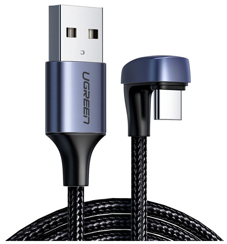 Угловой кабель Ugreen USB C - USB A 2.0, в оплетке, цвет черный, 1 м (70313)