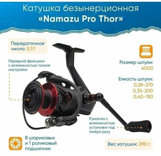 Катушка безынерционная Namazu Pro Thor TH4000 , 8+1 подш, металлическая шпуля +пластиковая шпуля