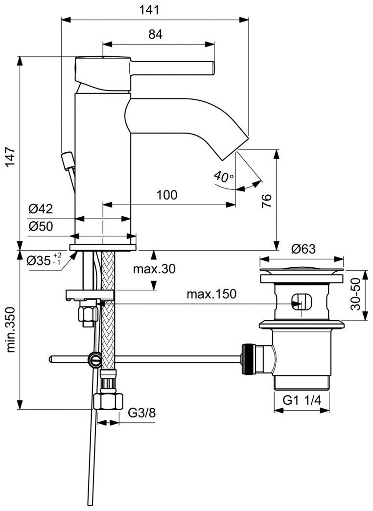 Смеситель для раковины с металлическим донным клапаном Ideal Standard KOLVA BC666AA