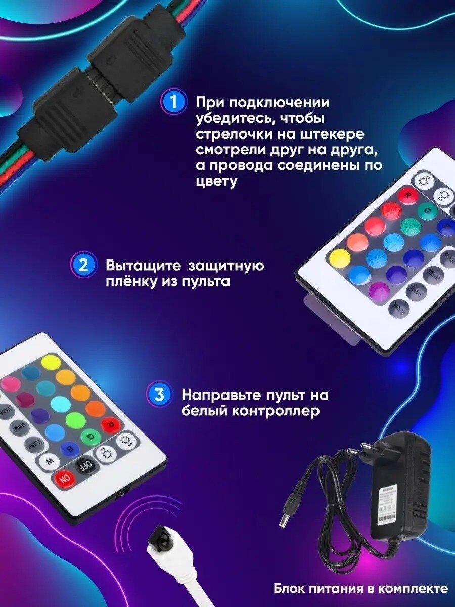 Светодиодная лента 5050RGB цветная, SMD Лента 5 метров + пульт, блок питания,12w , 60 LEDS