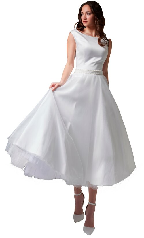 Свадебное платье VEHOVAdresses, праздничный стиль, длина миди, полуприлегающий силуэт, без рукава, пояс/ремень, корсет, размер 44, белый