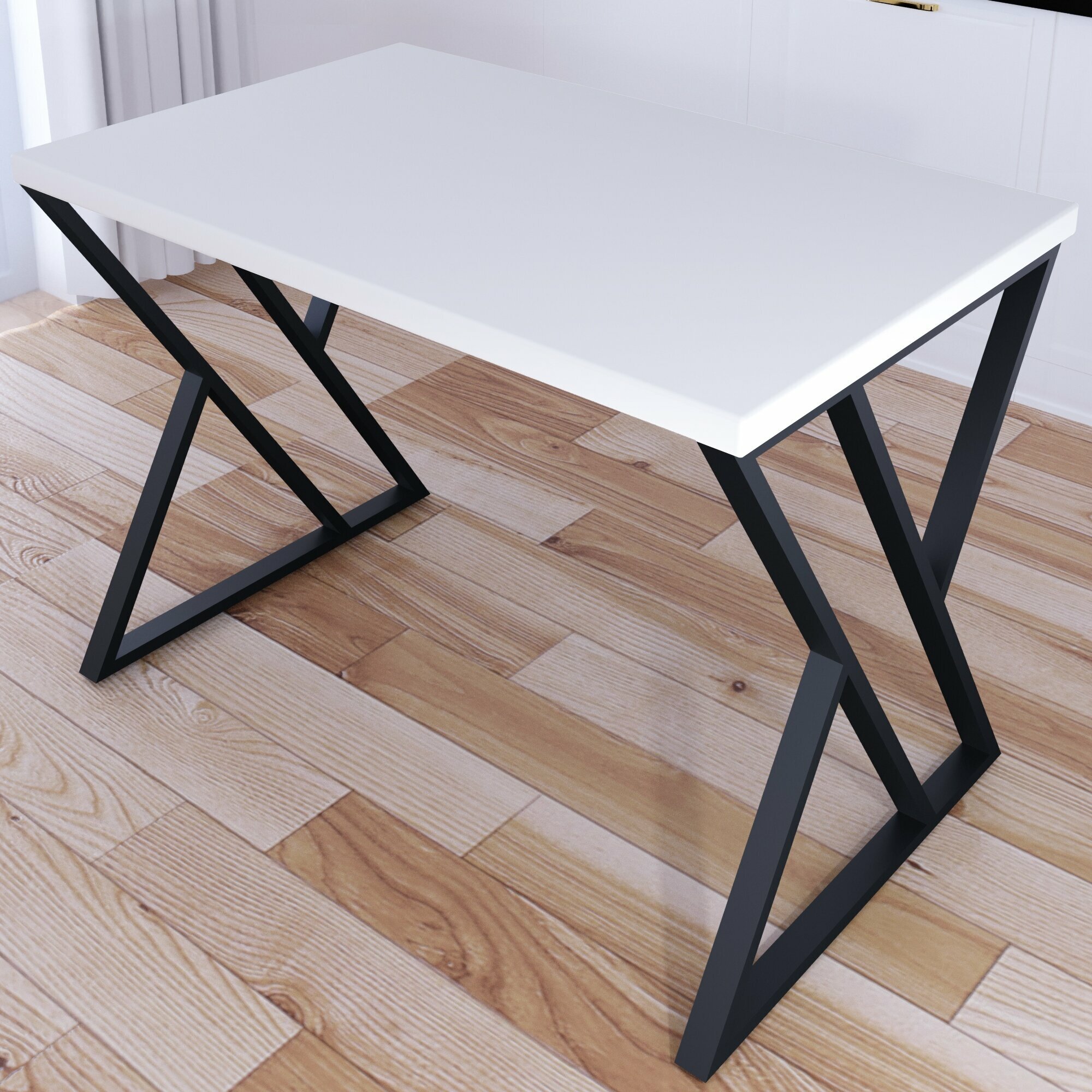 Стол кухонный Loft со столешницей белого цвета из массива сосны 40 мм и черными металлическими Z-образными ножками, 120х60х75 см