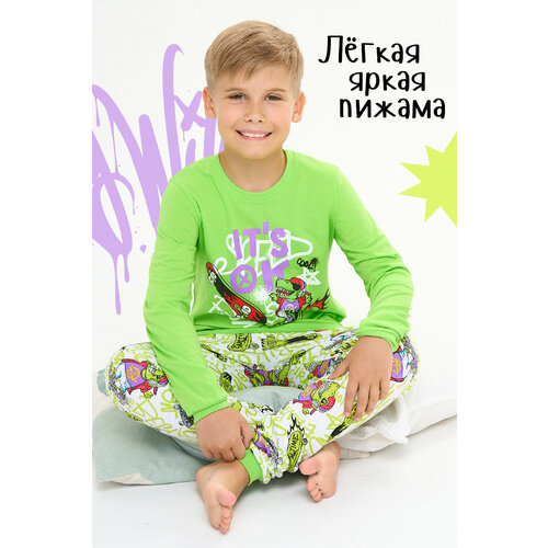 Пижама IVDT37 детская, брюки, джемпер, брюки с манжетами, размер 28, зеленый