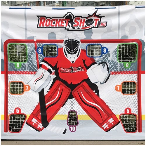 Хоккейный тренажер ROCKETSHOT - Мобильный бросковый баннер, размер 300*190 см. / Имитатор вратаря - Хоккейные ворота с 9-ю интерактивными мишенями.