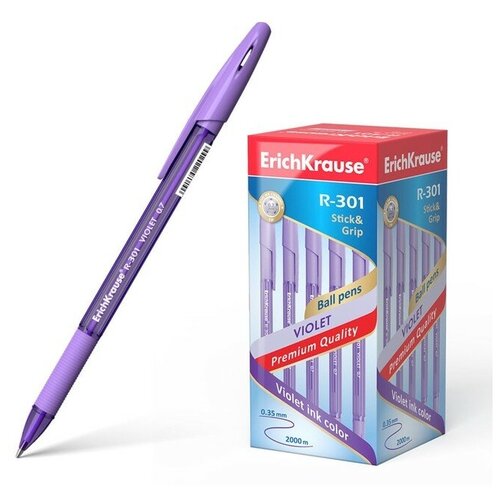 Ручка шариковая ErichKrause R-301 Violet Stick & Grip, узел 0.7 мм, чернила светло-фиолетовые, резиновый упор, длина линии письма 2000 метров