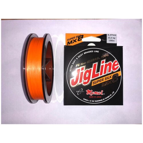 Плетеный шнур JigLine MX8 Super Silk 0,27 мм, 23 кг, 100 м, оранжевый