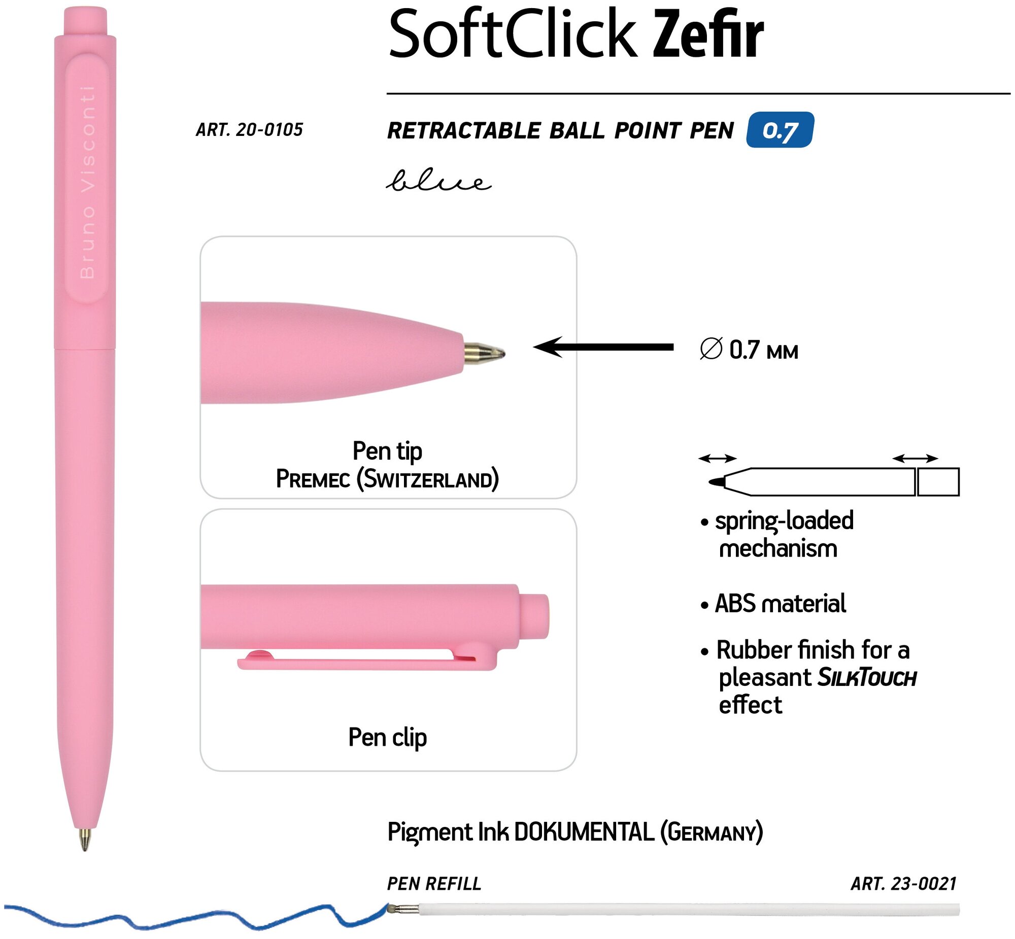 Ручка шариковая автоматическая BrunoVisconti, 0.7 мм, синий, SoftClick Zefir, Арт. 20-0105