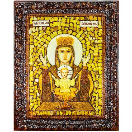 Икона Божией Матери «Неупиваемая чаша» из натурального янтаря в литой раме
