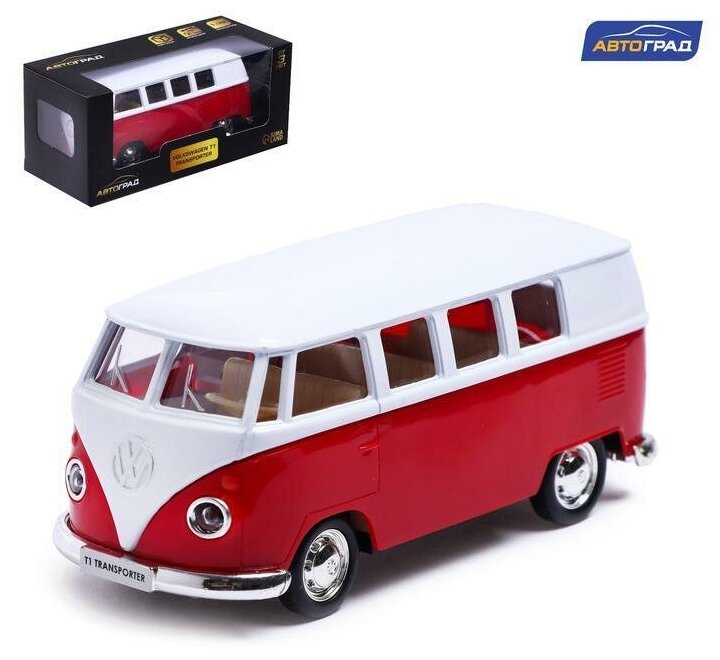 Машина металлическая VOLKSWAGEN TRANSPORTER T1, 1:32, открываются двери, инерция, цвет красный (1 шт.)