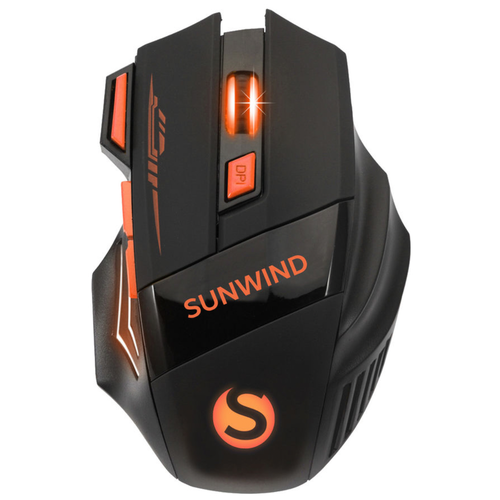 Мышь SunWind, игровая мышь, оптическая, беспроводная, USB, черный и оранжевый, 1600dpi