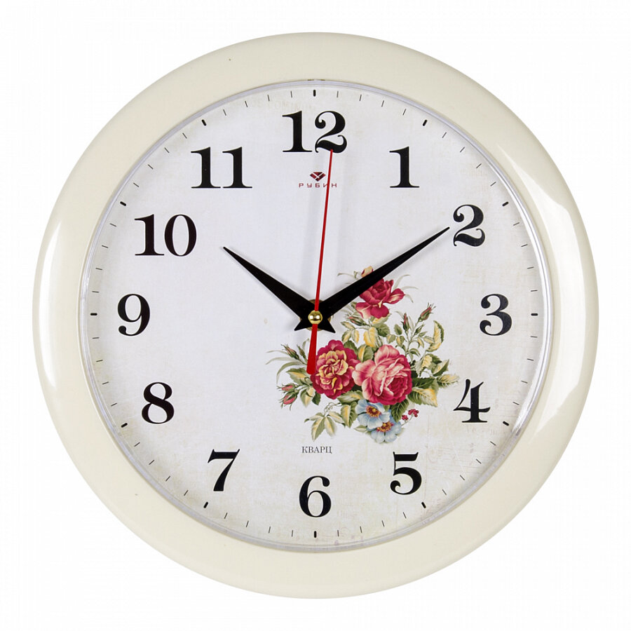 Часы настенные Рубин круглые d 23 см, корпус слоновая кость"Розы" (2323-118)