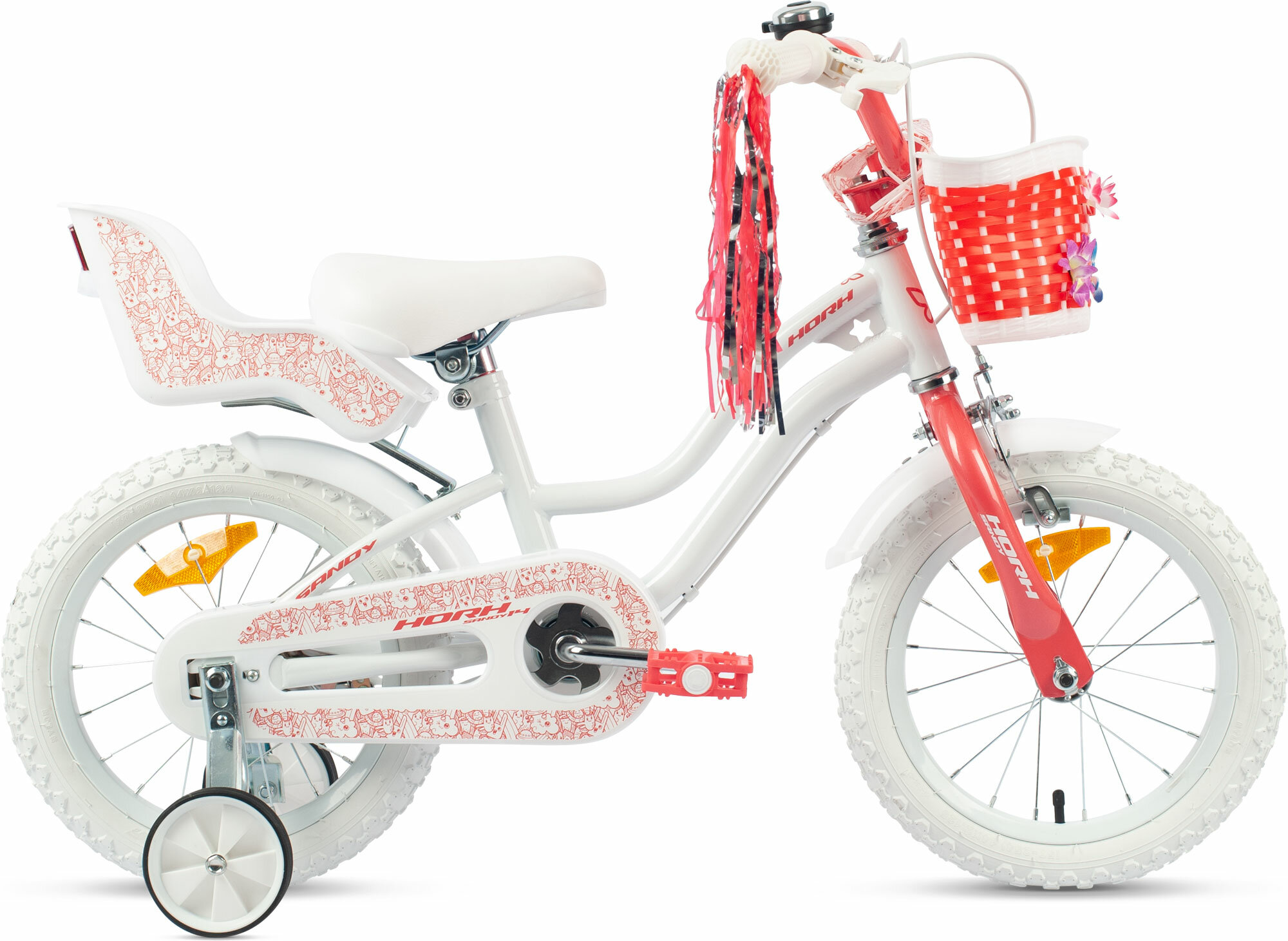 Велосипед детский городской HORH SANDY 14 2024 для детей от 2 до 4 лет стальной с защитой цепи корзиной креслом звонком, крыльями, 1 скорость, ободной и барабанный тормоз коралловый рост 95-110