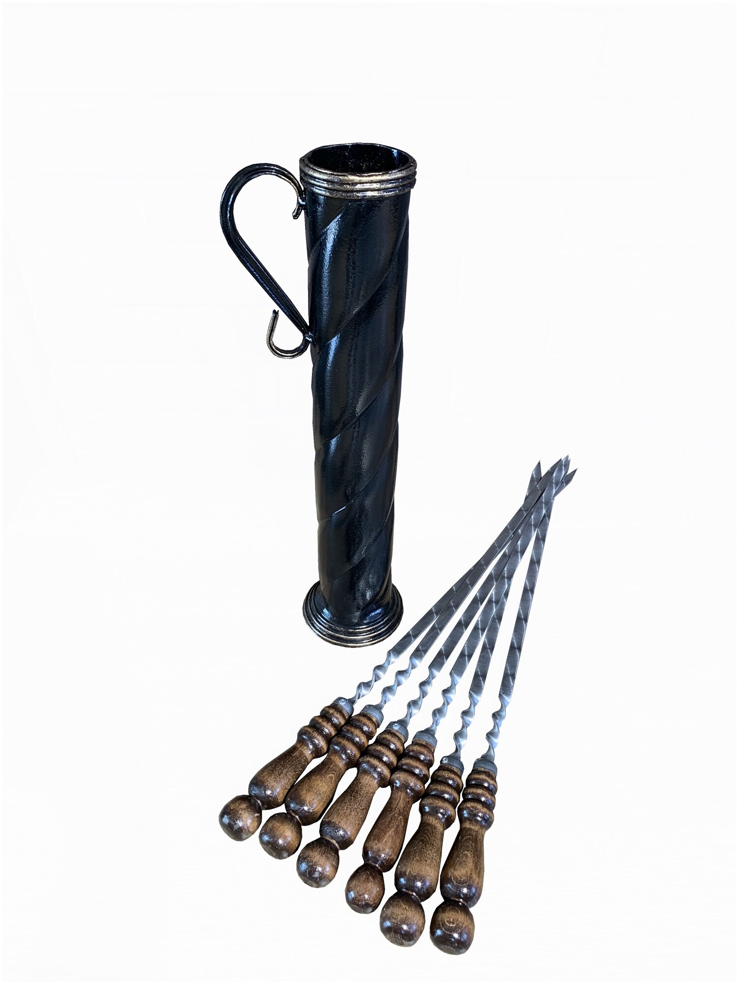 Набор шампуров с подставкой подарочный кованый стальной - 21 с деревянной ручкой (6 шампуров), Кованые Изделия