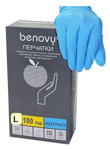 Перчатки смотровые Benovy Nitrile MultiColor текстурированные на пальцах, 100 пар, размер: L, цвет: голубой