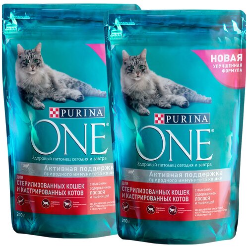 PURINA ONE для взрослых кастрированных котов и стерилизованных кошек с лососем и пшеницей (0,2 + 0,2 кг) purina one для взрослых кастрированных котов и стерилизованных кошек с лососем и пшеницей 1 5 1 5 кг