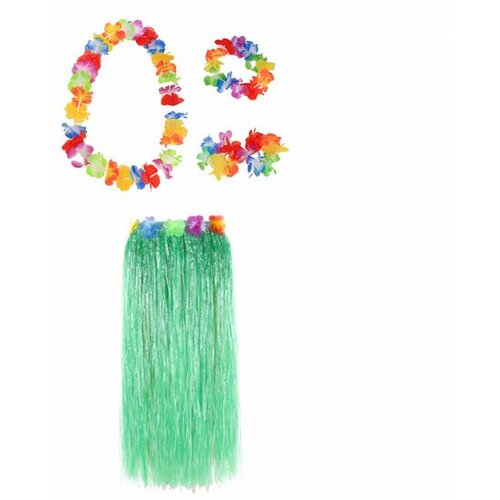 Гавайская юбка зеленая 80 см, ожерелье лея 96 см, венок, 2 браслета (набор) гавайская юбка оранжевая 60 см ожерелье лея 96 см венок 2 браслета набор