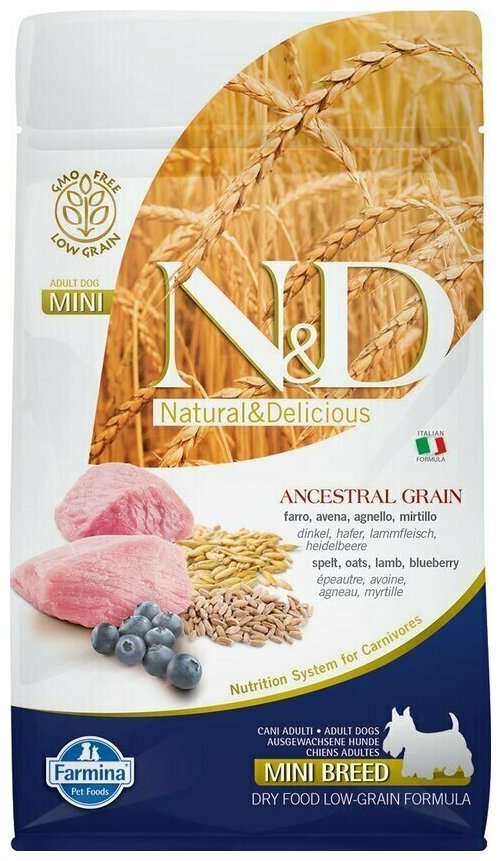 N&D Dog Ancestral Grain с ягненком и черникой низкозерновой сухой корм для собак мелких пород 0,8кг