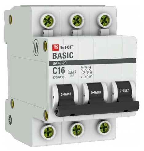 EKF Basic ВА 47-29 Автоматический выключатель (С) 3P 16А 4,5кА